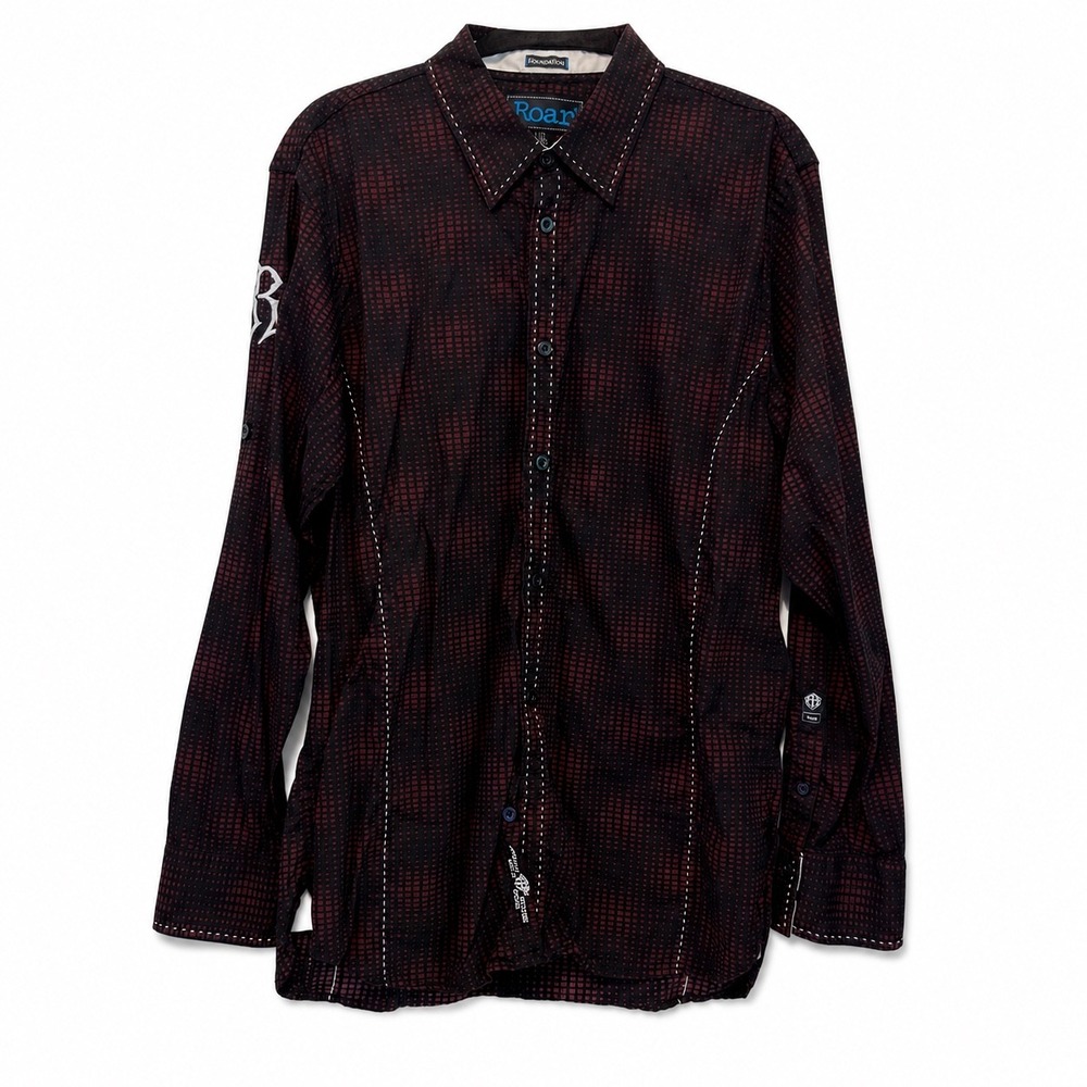 Roar Foundation Mens Large Black Burgundy‎ Stitch Button Down Shirt Cerulean II